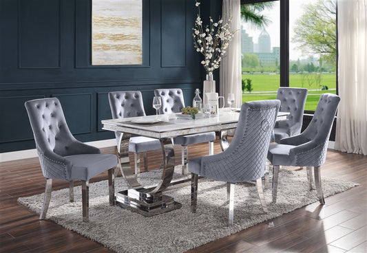 Zander 7 Piece Dining Room Set in White Printed Faux Marble & Mirrored Silver Finish