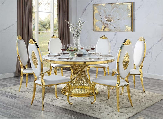 Fallon 5 Piece Round Table Dining Room Set in Faux Marble Top & Mirrored Gold Finish