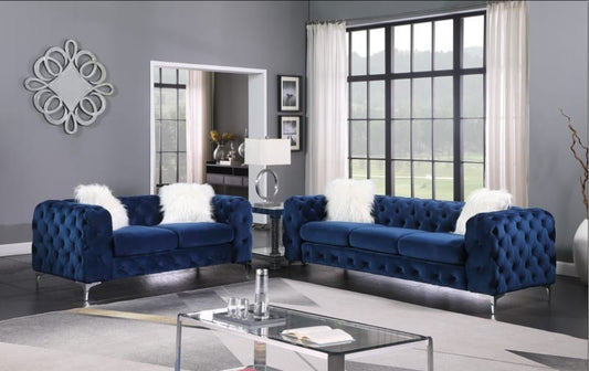 Moderna Blue Velvet Sofa and Loveseat